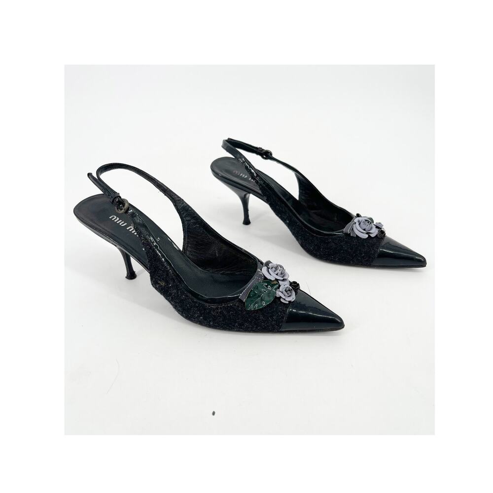 Miu Miu Vintage Wool Patent Cap Toe Floral Appliqué Slingback Heels IT 38